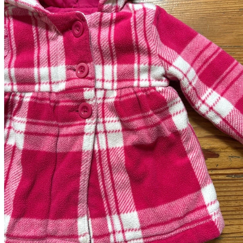 Old Navy Fleece Hooded‎ Coat Baby Girls Pink Plaid Excellent SIZE 18-24 Months